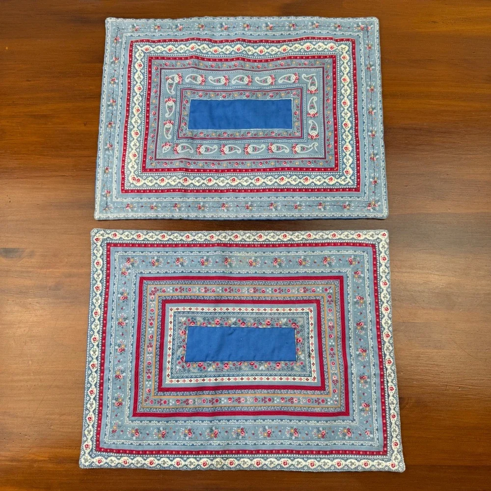 Vintage Quilted Placemats Set of 2 Blue Red Floral Paisley Cottagecore Farmhouse
